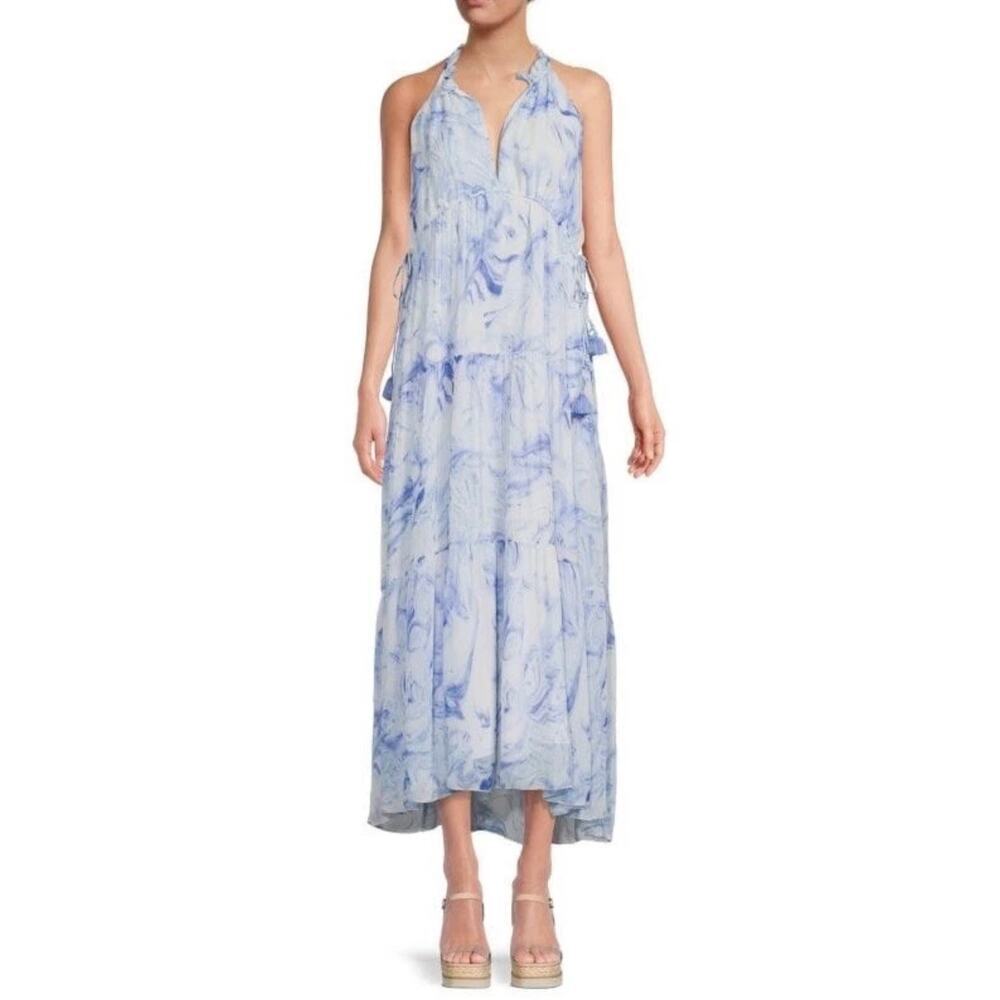 SAYLOR Annela Ultramarine Marble Halter Midi/Maxi Dress Cottagecore Prairie Sz L